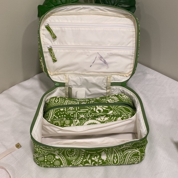 Pottery Barn Coated Canvas Toiletry Case with Brush Bag in Green Paisley Print - Picture 2 of 12